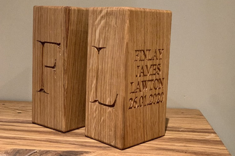oak book ends engraved with childs name