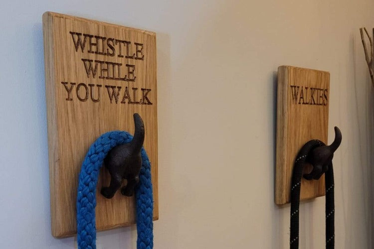 Oak Dog lead holders engraved with Whistle while you walk